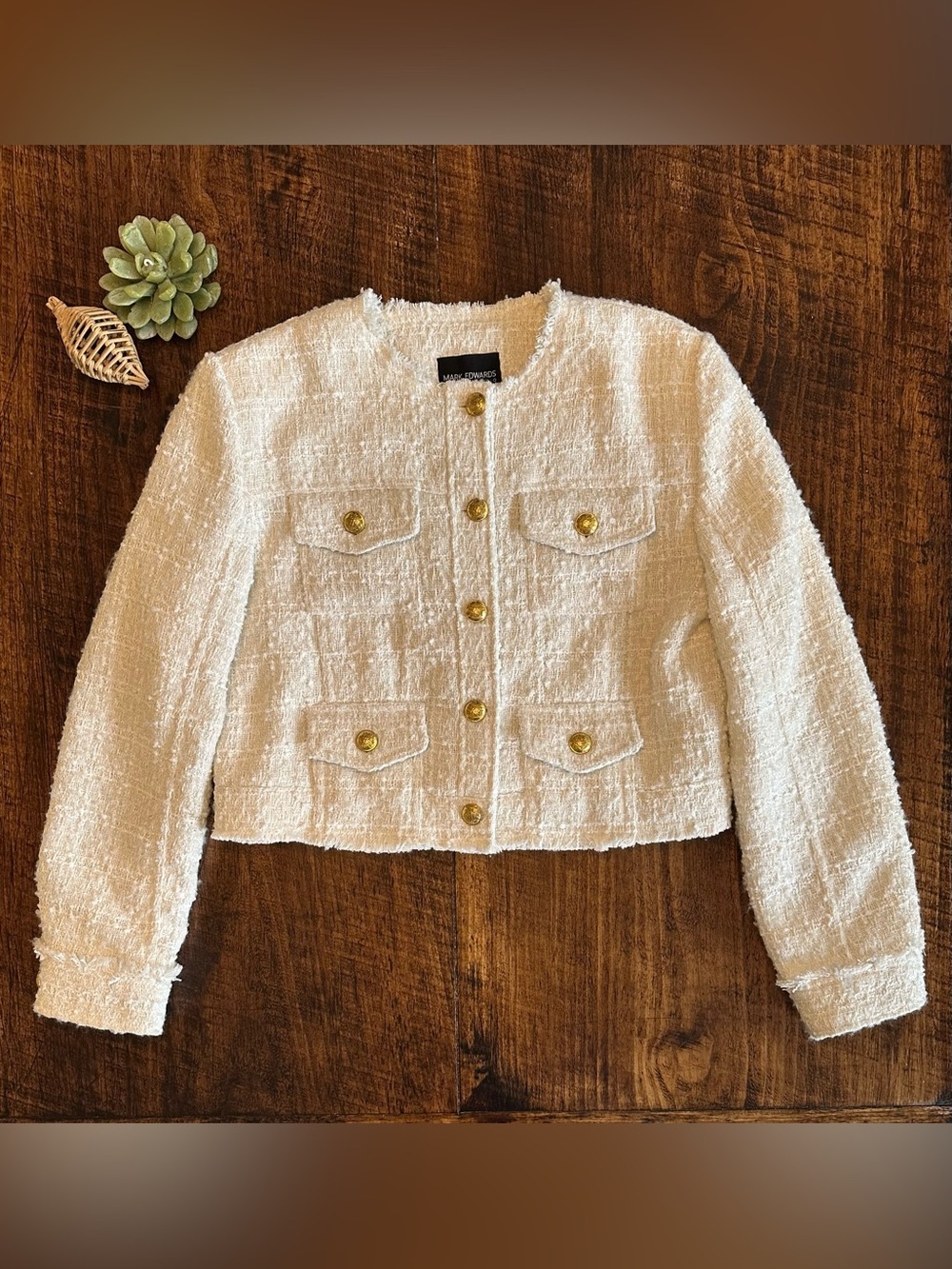 Mark Edwards Studio | Off White Tweed Cropped Lady Jacket, Gold Buttons, Size L